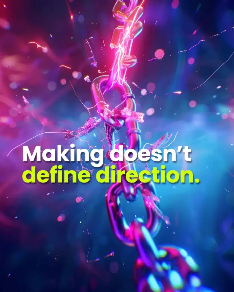 Blog cover Making doesn't define direction: a chain with a breaking link in neon light.
