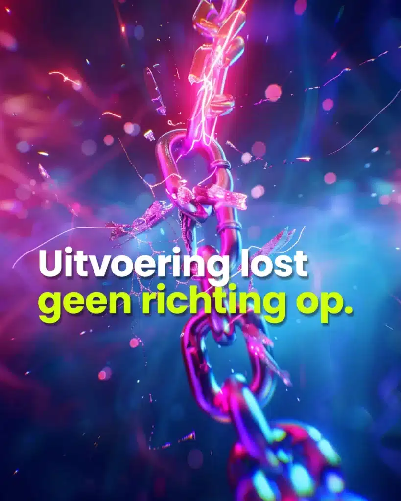 Blogcover Uitvoering lost geen richting op: een ketting met een brekende schakel in neonlicht.